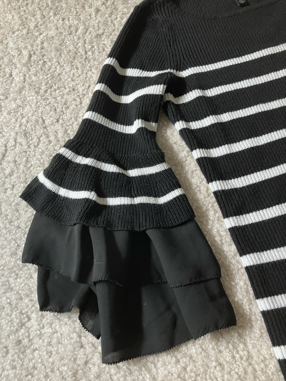 White House Black Market Black and White Striped Scoop-Neck Bell Sleeve Sweater - Picture 3 of 10